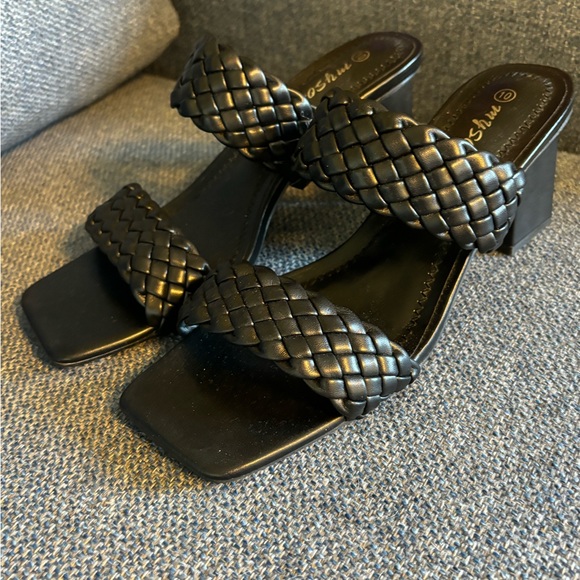 Braided Heeled Sandals Backless Square Open Toe Block Slide Sandals - Picture 2 of 9